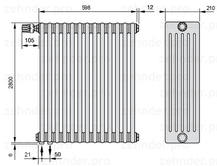 Схема (чертеж) Радиатор Zehnder Charleston 6280/13 №V001 Белый глянцевый RAL 9016